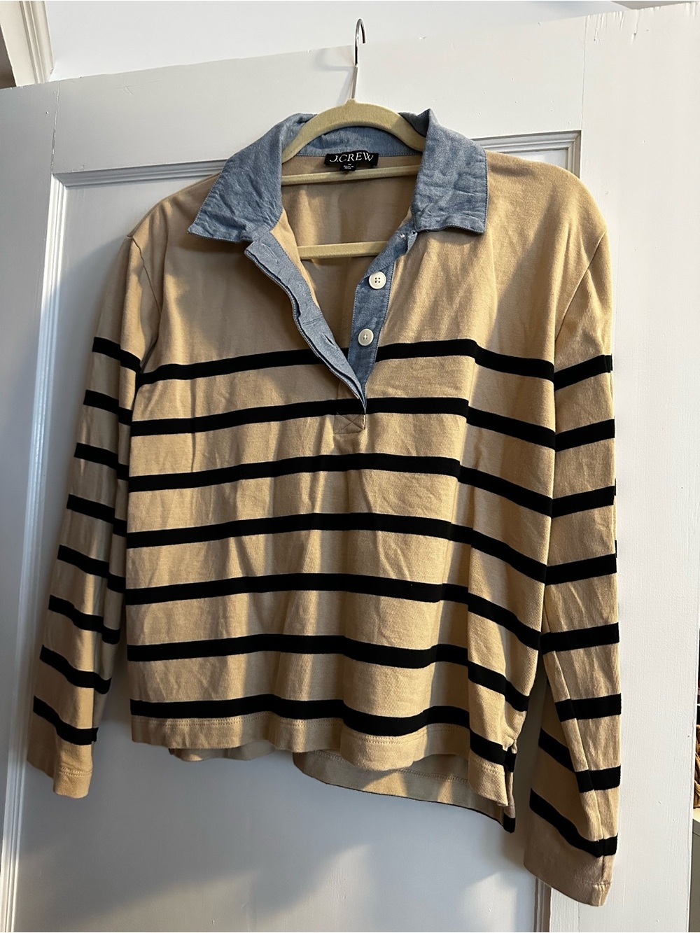 J. Crew Tan Striped Shirt with Blue Chambray Collar